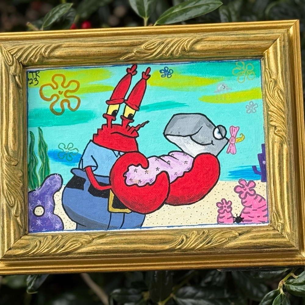 Thrifted SpongeBob SquarePants Cartoon Art in Gold Frame